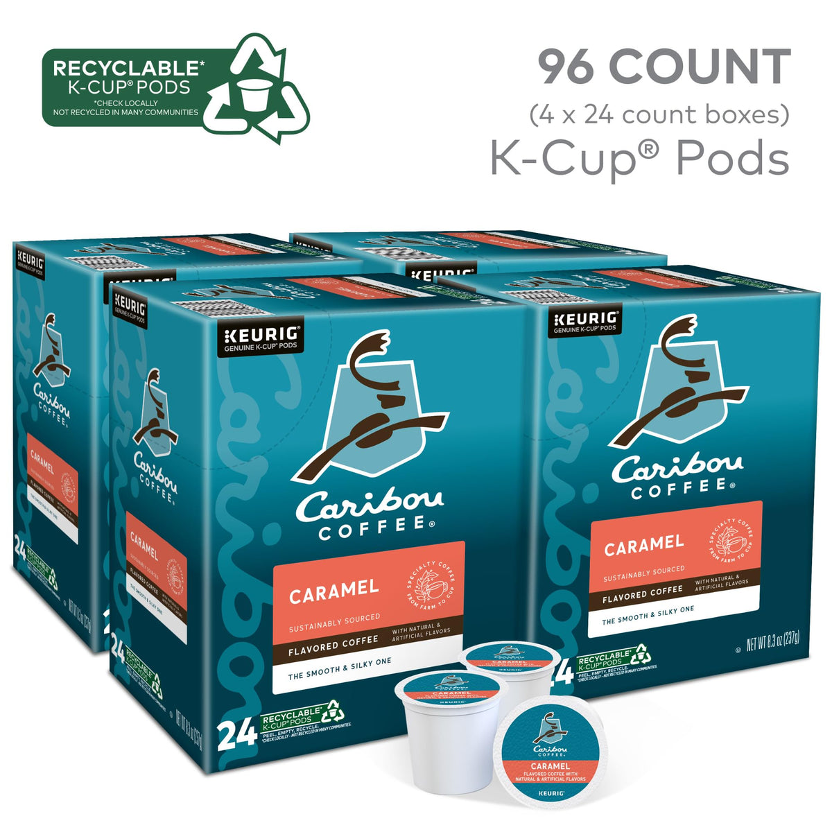 Caribou Coffee caramel K-Cup pods brewing in cup with caramel aroma