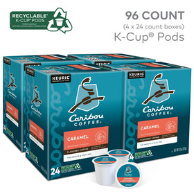 Caribou Coffee caramel K-Cup pods brewing in cup with caramel aroma