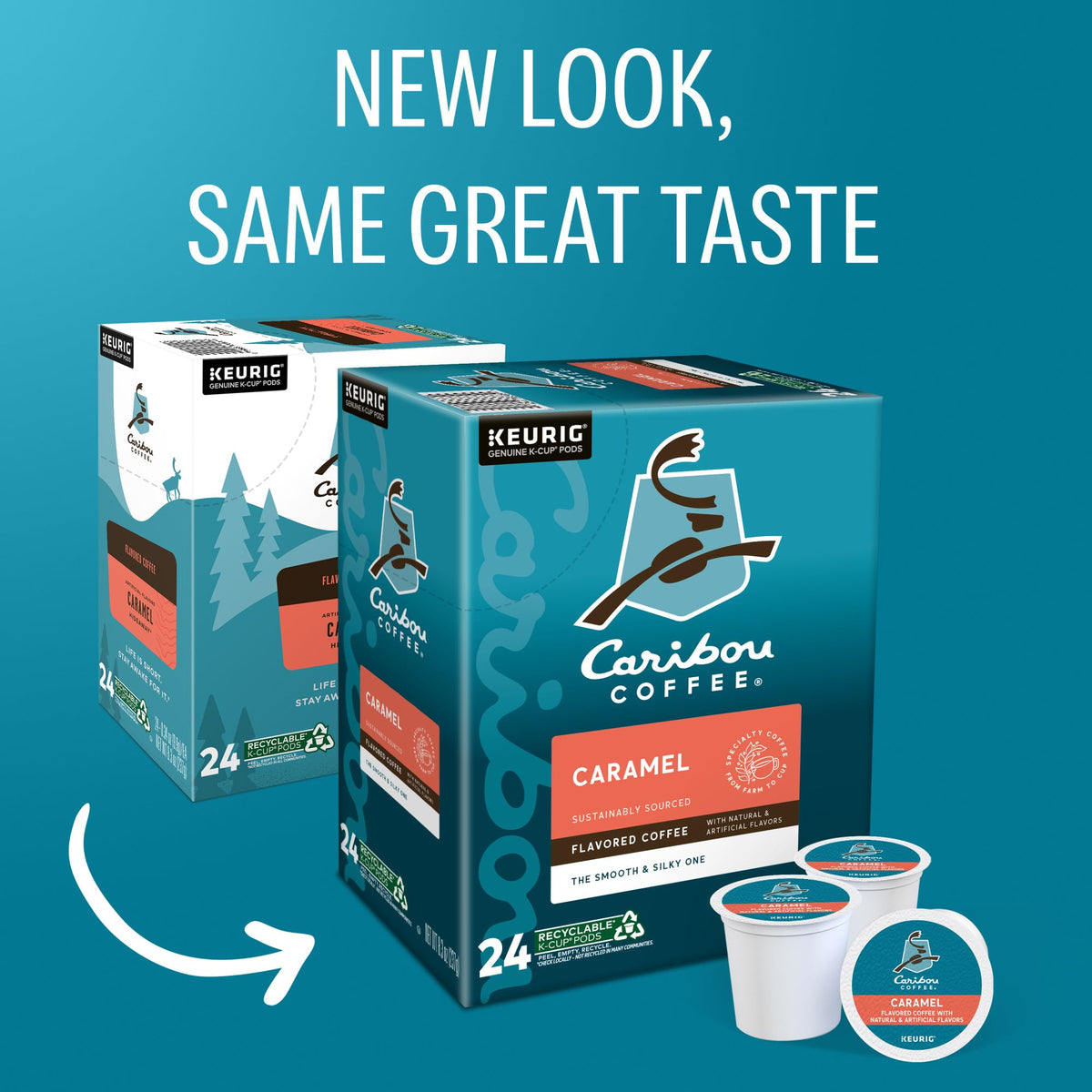 Caribou Coffee caramel K-Cup pods on shelf for convenient single-serve