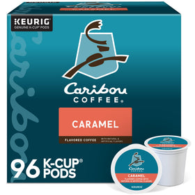 Caribou Coffee caramel K-Cup pods packaging display for quick mornings