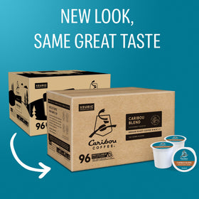 Front box of Caribou Blend packaging highlighting brand and 96-count supply