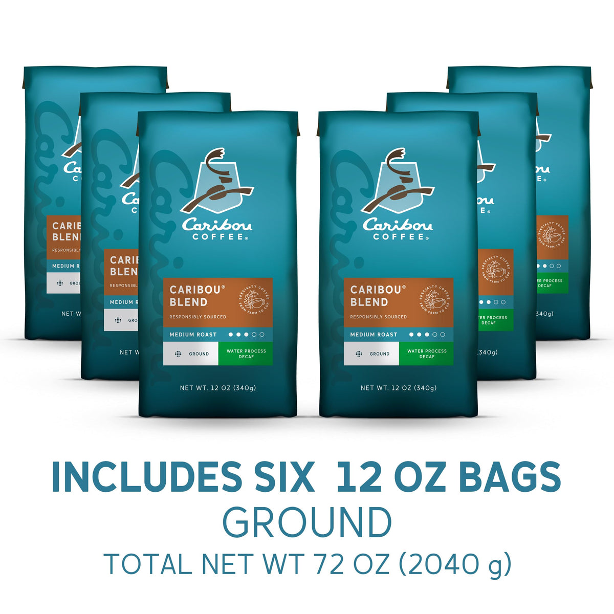 Caribou Blend decaf coffee bags close-up, ideal for drip or pour-over