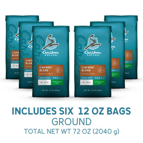 Caribou Blend decaf coffee bags close-up, ideal for drip or pour-over