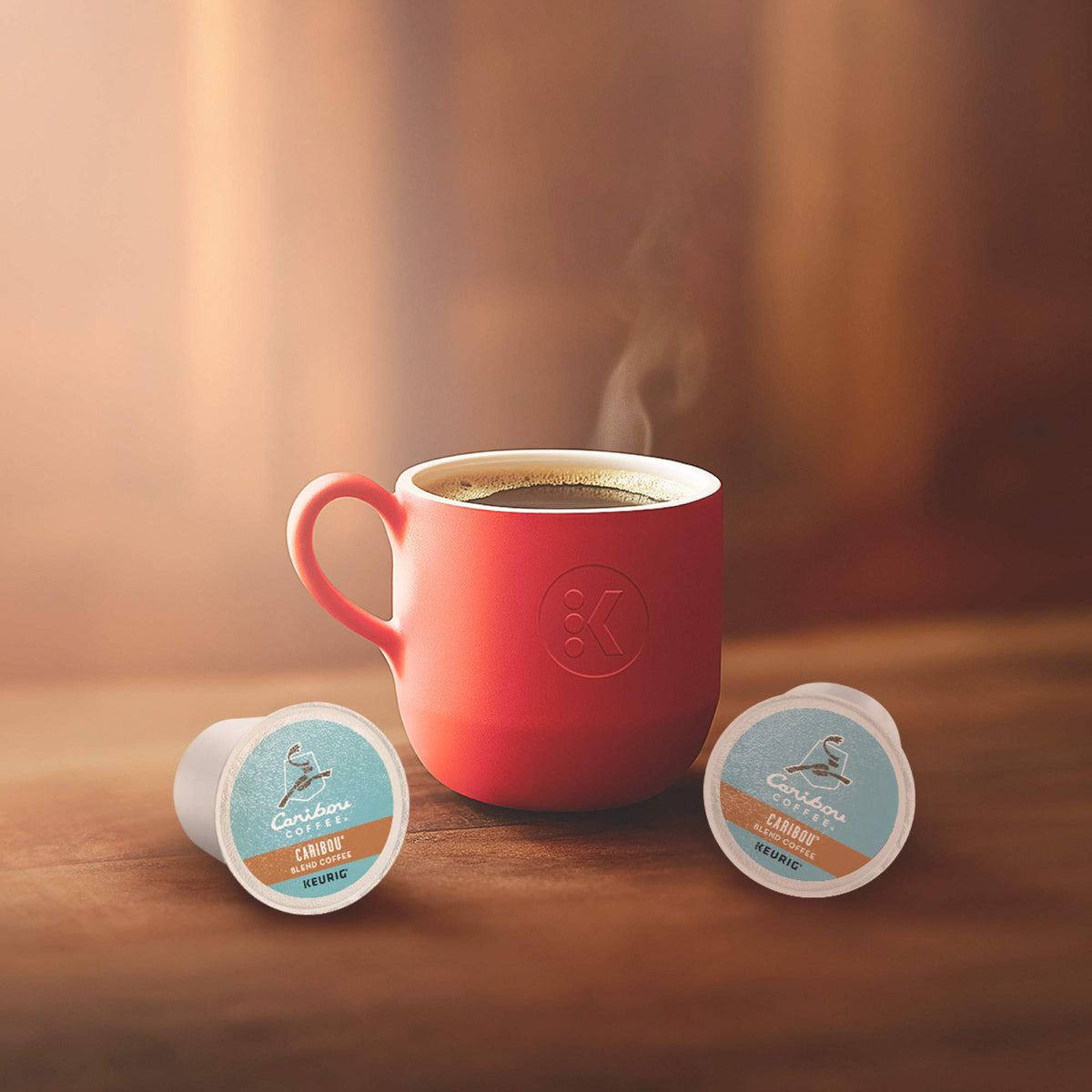 Packaging closeup of Caribou Blend K-Cup shows Rainforest Alliance certification.