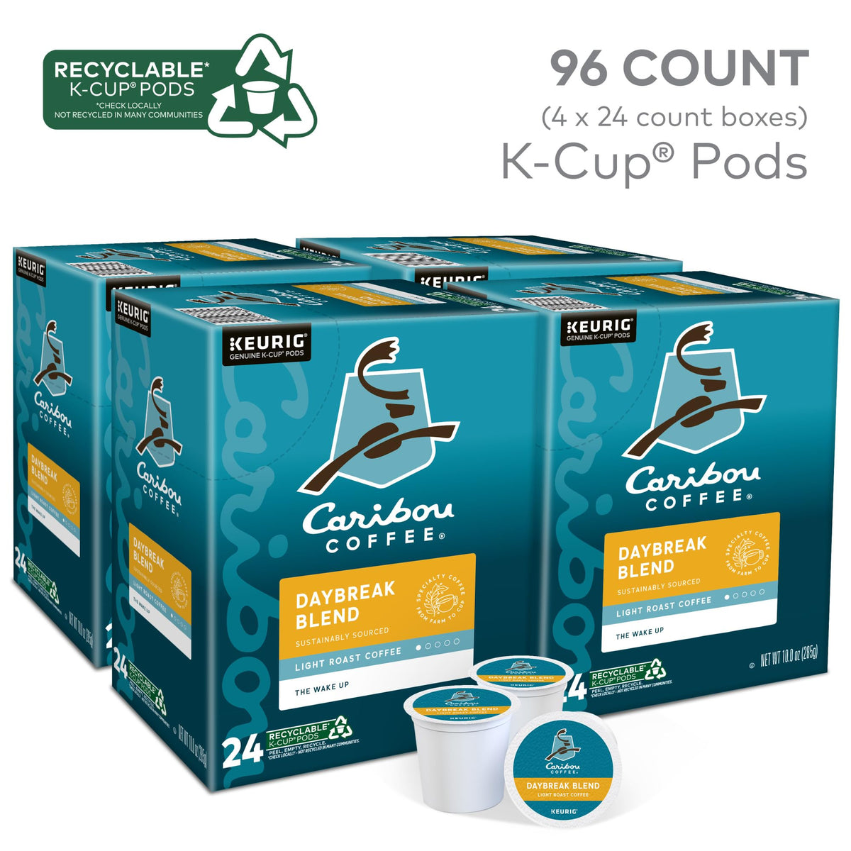 Caribou Coffee Daybreak Morning Blend packaging shot emphasizing recyclable K-Cup pods advantage.