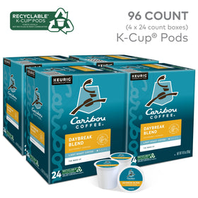 Caribou Coffee Daybreak Morning Blend packaging shot emphasizing recyclable K-Cup pods advantage.