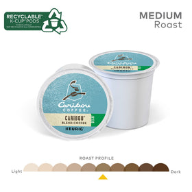 Caribou Coffee decaf K-Cup pods on counter for quick brewing.