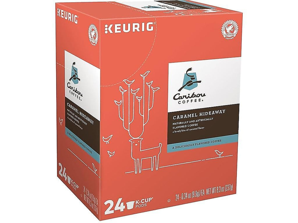 Caribou Coffee Caramel Hideaway cup reveals smooth caramel notes.