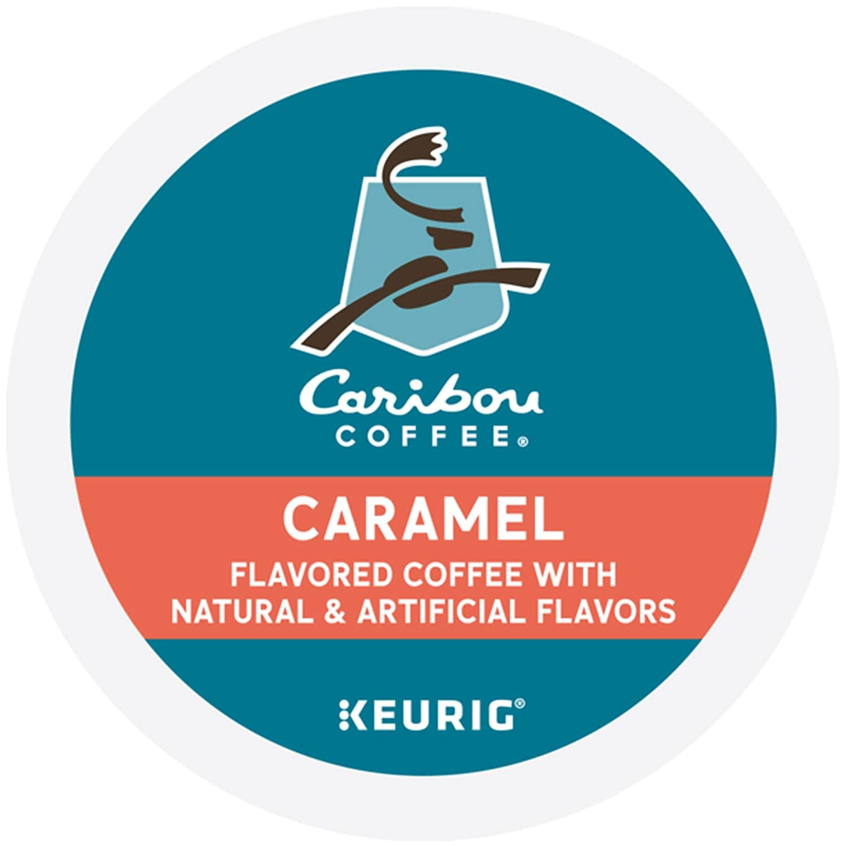 Caribou Hideaway caramel packaging front highlights sustainable credentials.