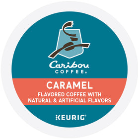 Caribou Hideaway caramel packaging front highlights sustainable credentials.