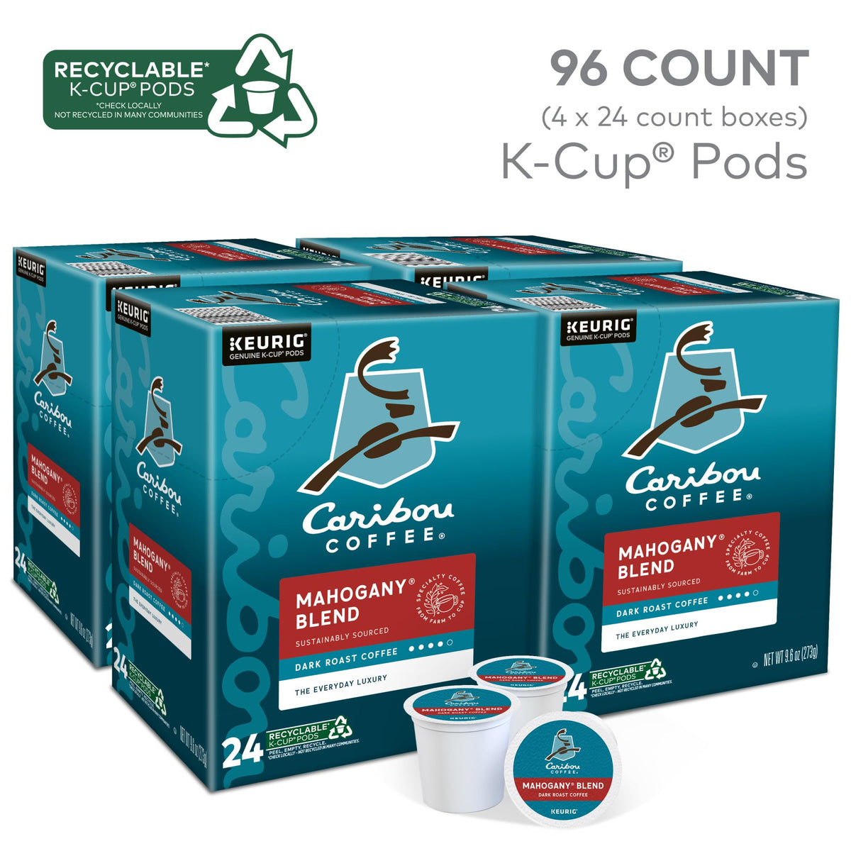 Mahogany Blend K-Cup box packaging highlights sustainably sourced beans.