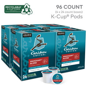 Mahogany Blend K-Cup box packaging highlights sustainably sourced beans.