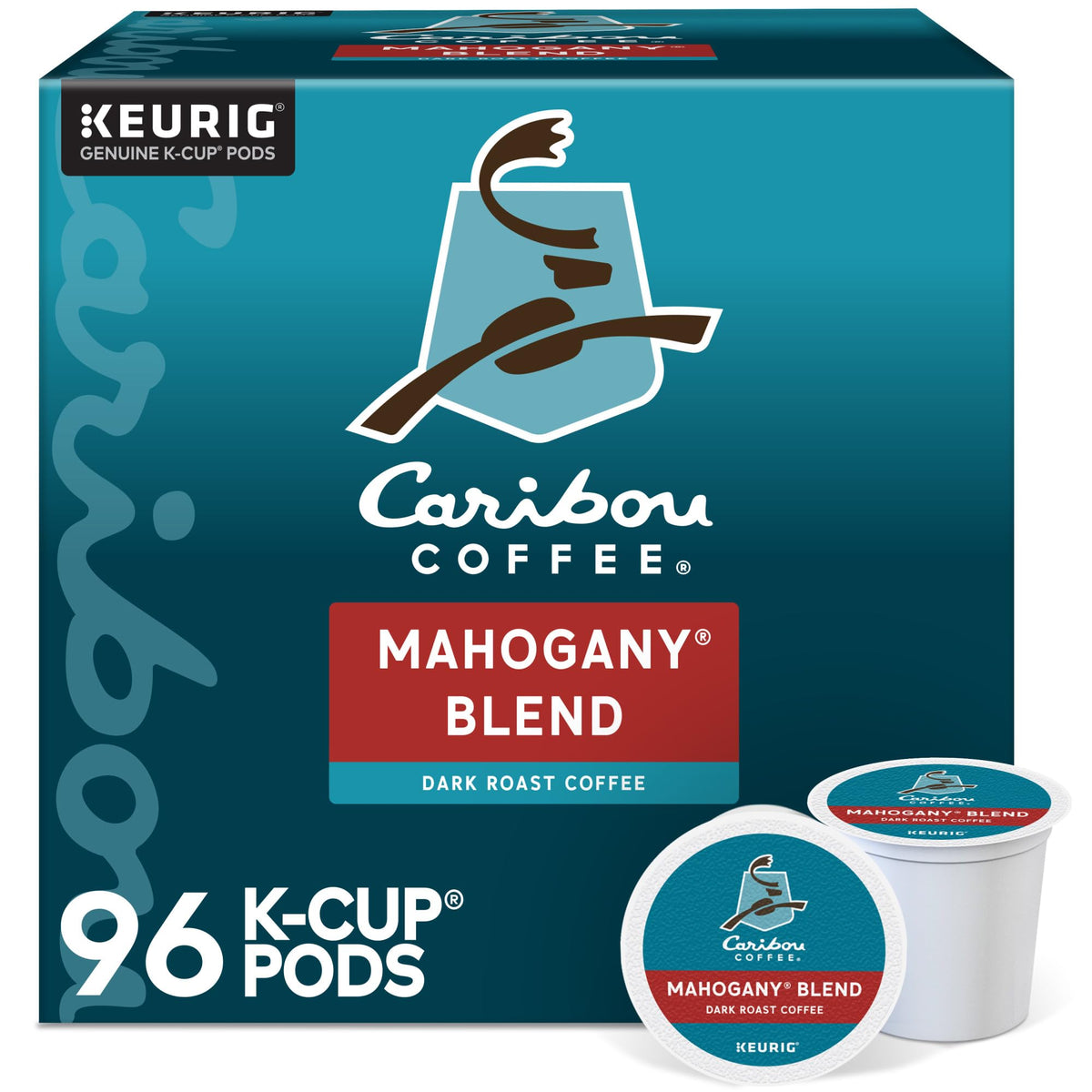 Caribou Coffee Mahogany Blend K-Cup pod closeup with rich dark roast aroma.