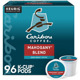Caribou Coffee Mahogany Blend K-Cup pod closeup with rich dark roast aroma.