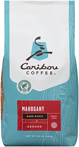 Caribou Coffee Mahogany Dark Roast packaging showing bold aroma and sustainable sourcing