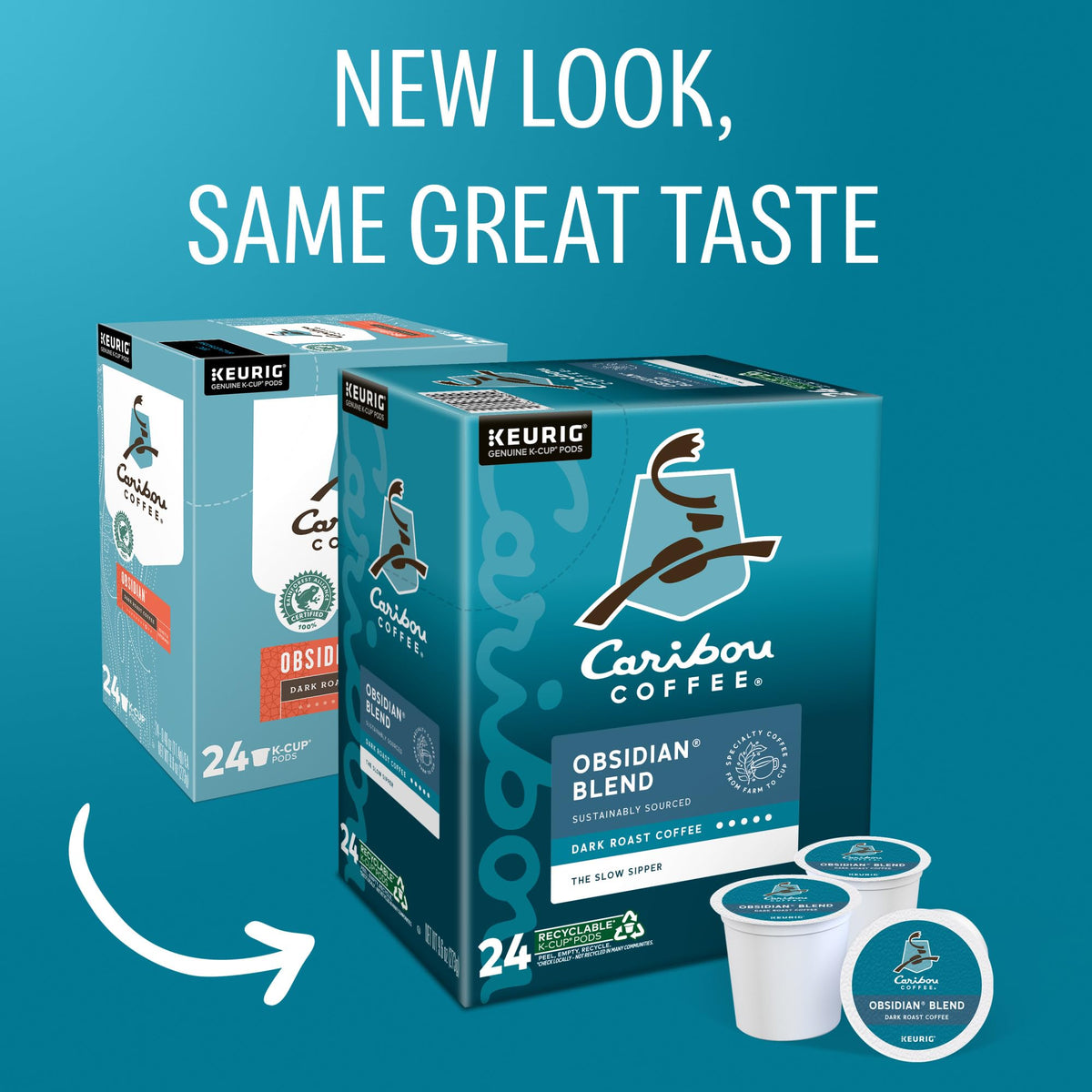 Caribou Coffee Obsidian K-Cup single close-up highlights premium grounds