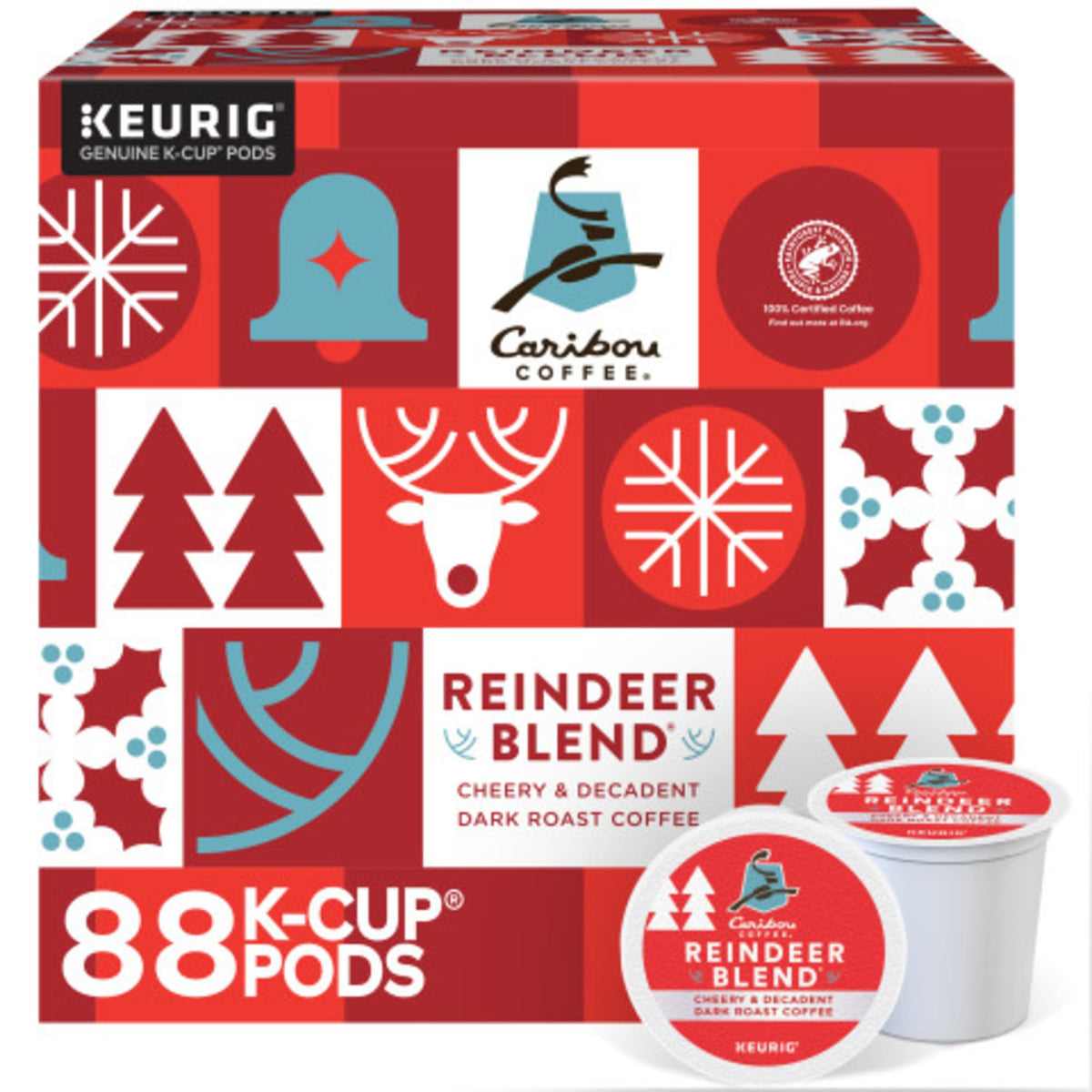 Caribou Coffee Reindeer Blend K-Cup pods for quick rich brew.