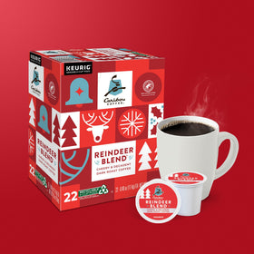 Caribou Coffee Reindeer Blend label with Rainforest Alliance and kosher logos.