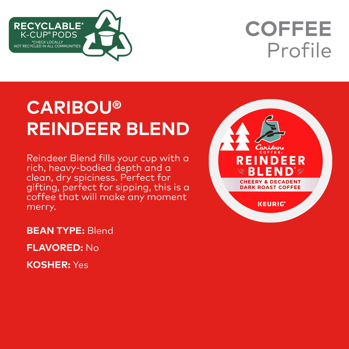 Caribou Coffee Reindeer Blend roasted beans imagery conveying rich flavor.
