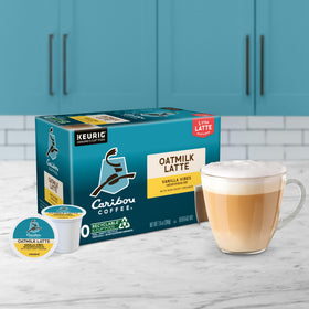 Caribou Coffee Vanilla Vibes brewed cup illustrates cafe quality latte in minutes