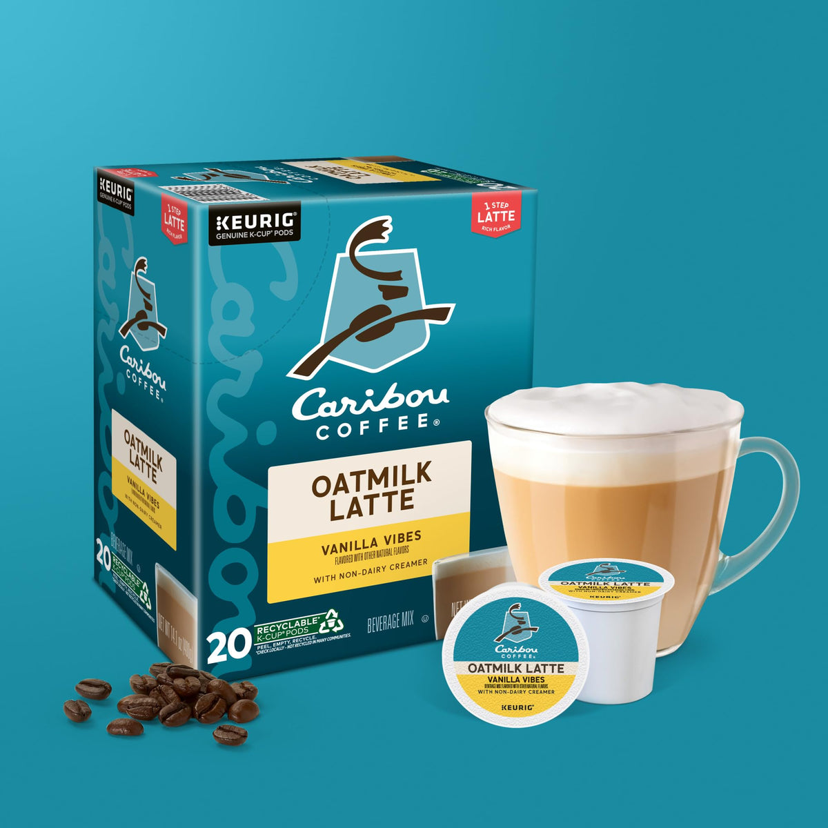 Caribou Coffee Vanilla Vibes pod next to the Keurig for fast latte pleas.
