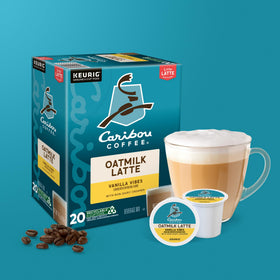 Caribou Coffee Vanilla Vibes pod next to the Keurig for fast latte pleas.