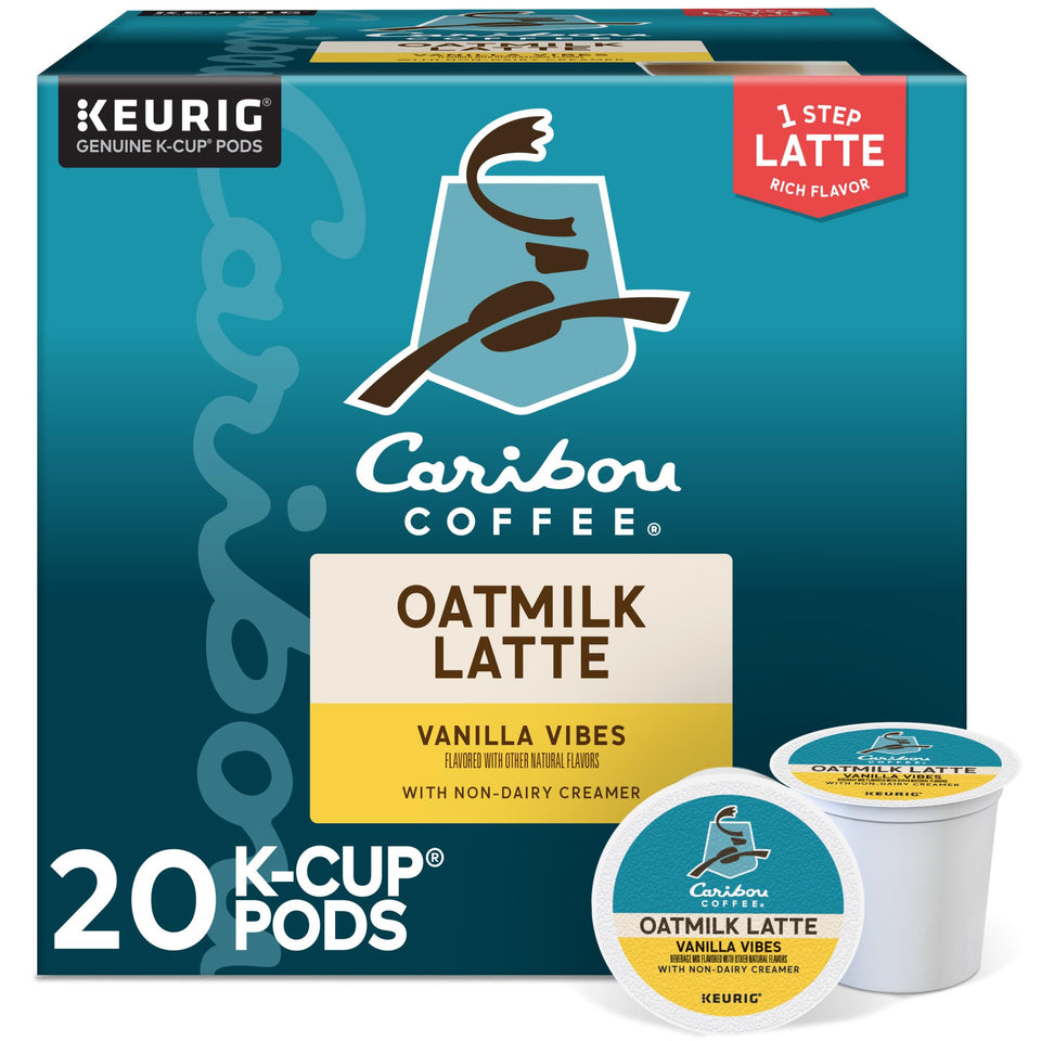Caribou Coffee Vanilla Vibes oatmilk latte pods on a counter for quick mornings.