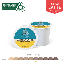 Caribou Coffee Vanilla Vibes packaging highlights eco-friendly recyclability and six-pack value