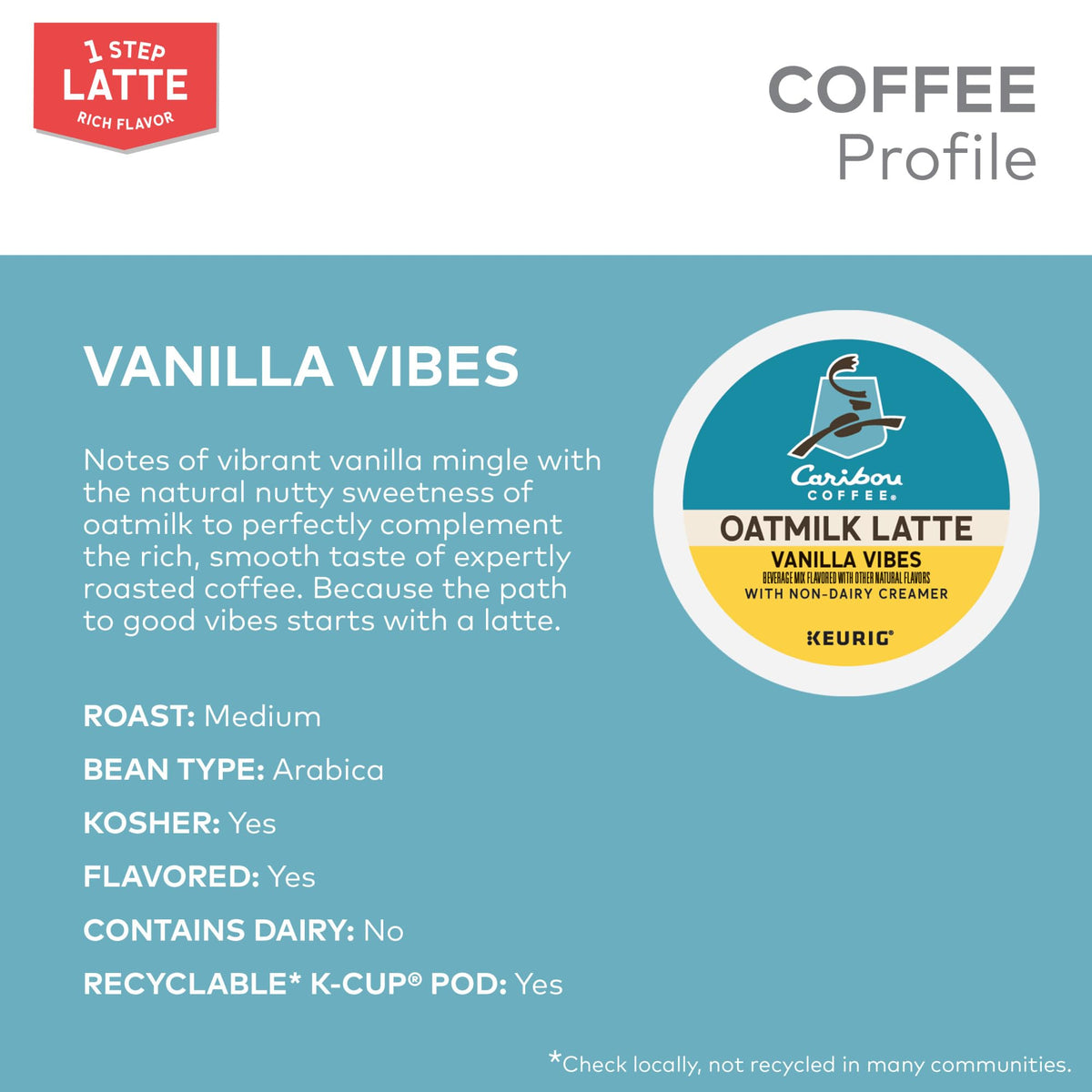 Caribou Coffee Vanilla Vibes latte cup with oatmilk swirl, creamy texture in every sip.