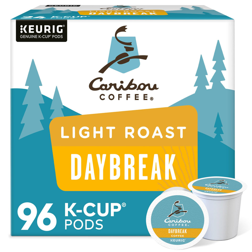 Caribou Daybreak Morning Blend pod box front for quick morning coffee.