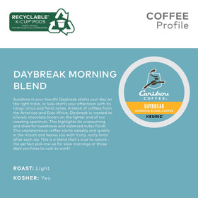 Steaming Caribou Daybreak cup showcasing light roast aroma.