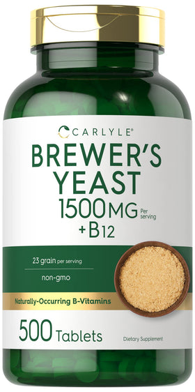 Carlyle Brewers Yeast tablets bottle shows 500-count supply for daily use.