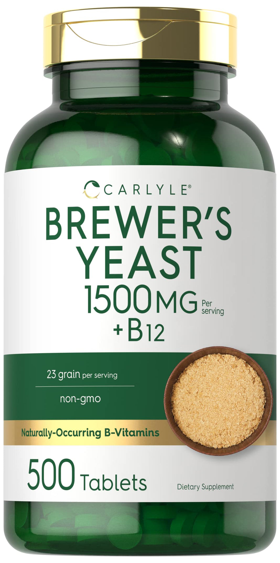Carlyle Brewers Yeast tablets bottle shows 500-count supply for daily use.