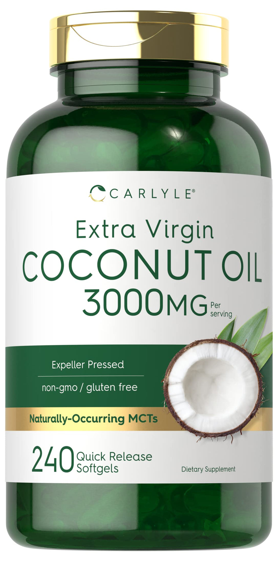 Carlyle Coconut Oil Softgel bottle on counter supports convenient daily use