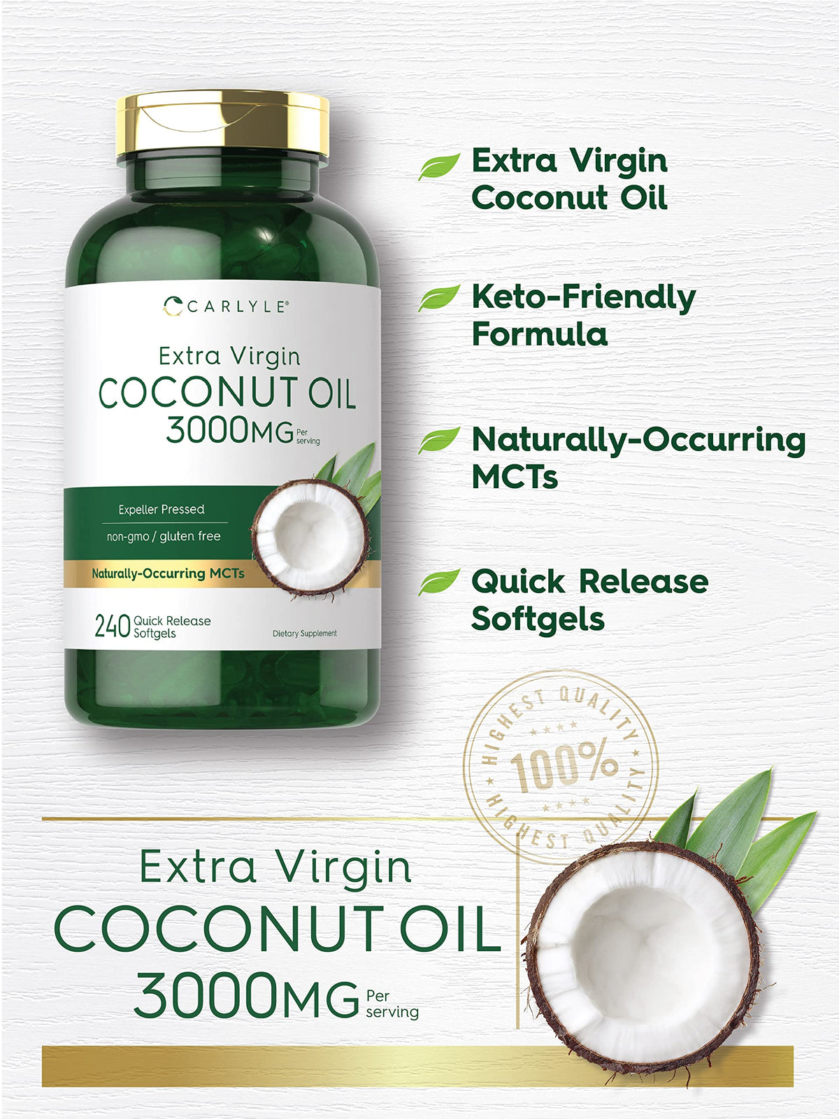 Carlyle coconut oil label shows extra virgin 3000 mg per serving