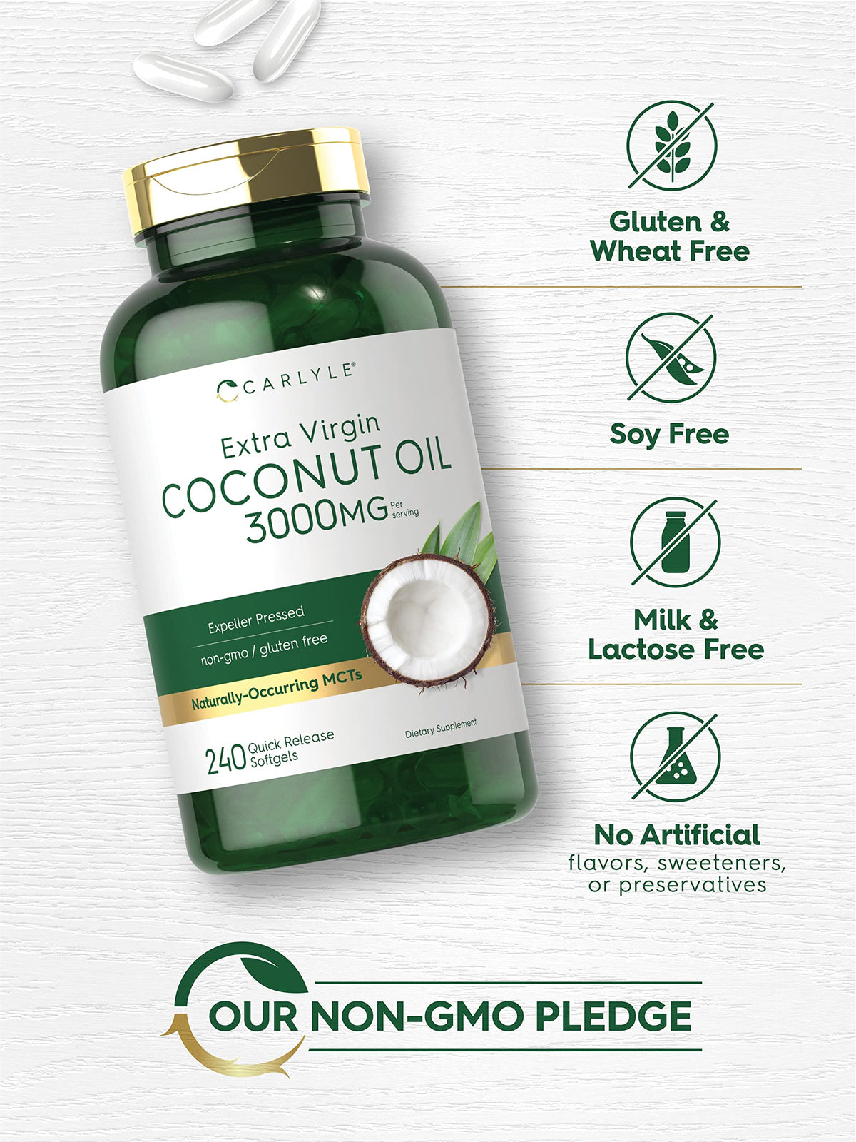 Carlyle coconut oil softgels shown with spoon for easy dosing