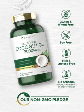 Carlyle coconut oil softgels shown with spoon for easy dosing