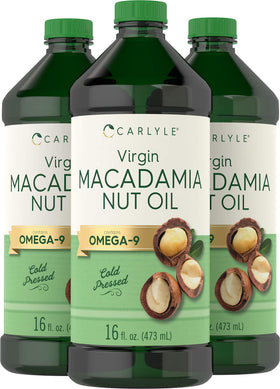 Carlyle Macadamia Nut Oil three-pack bottles ready for kitchen use