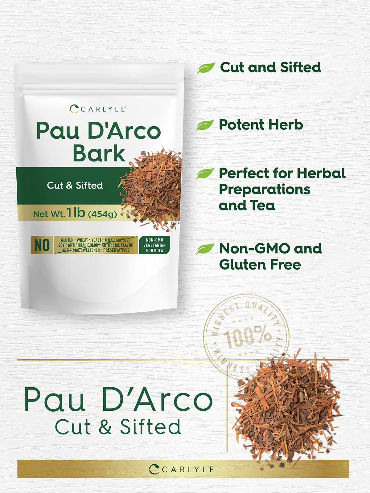 Carlyle Pau D'Arco bark bulk 454g pack for herbal infusions.