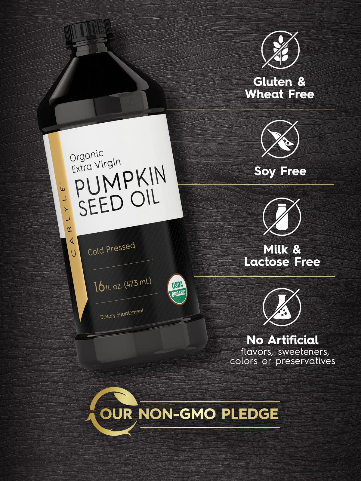 Carlyle Pumpkin Seed Oil glass bottle showcases premium packaging and shelf stability.