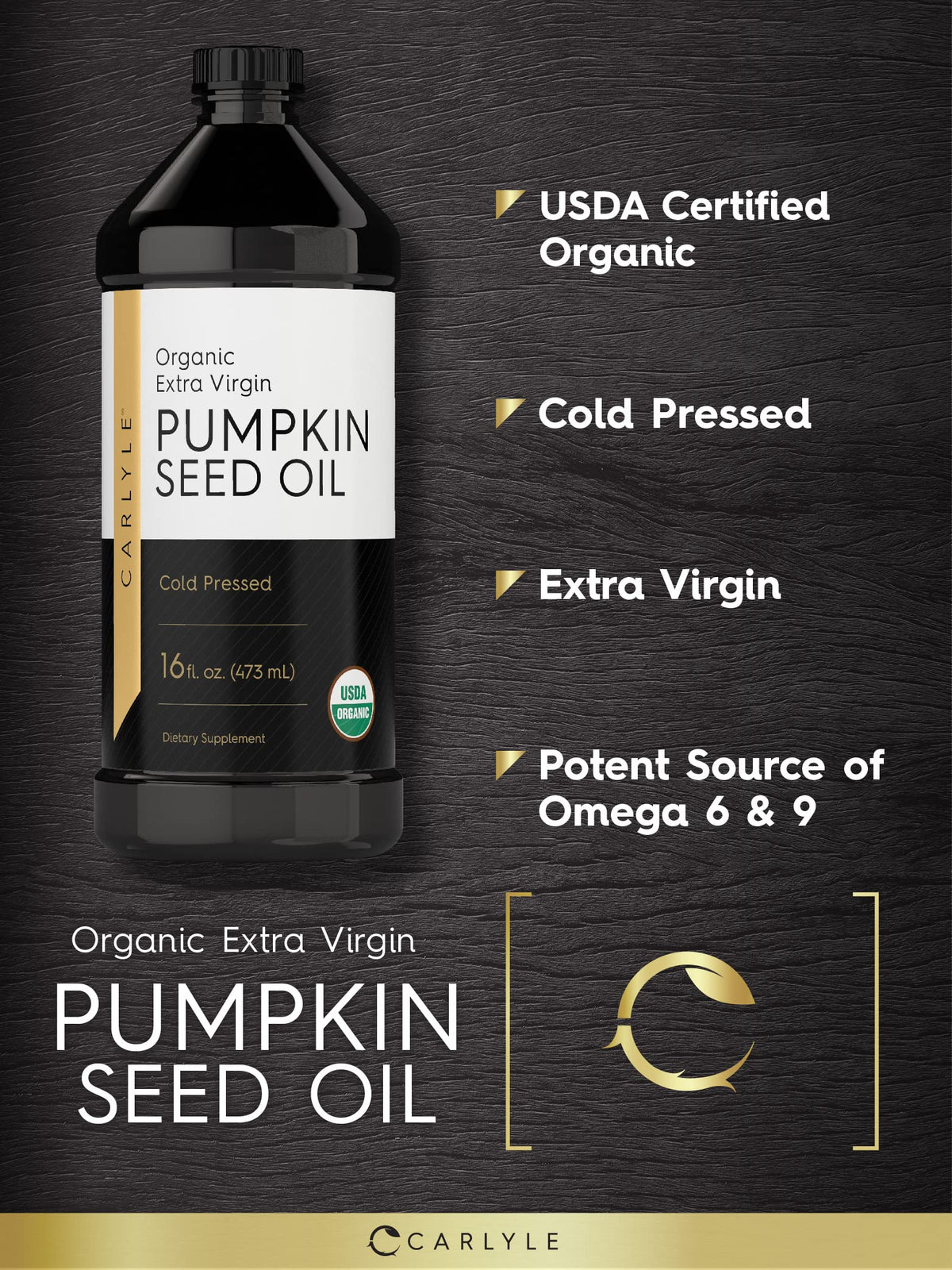 Carlyle Pumpkin Seed Oil label highlights extra virgin, cold-pressed standards.