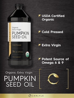 Carlyle Pumpkin Seed Oil label highlights extra virgin, cold-pressed standards.