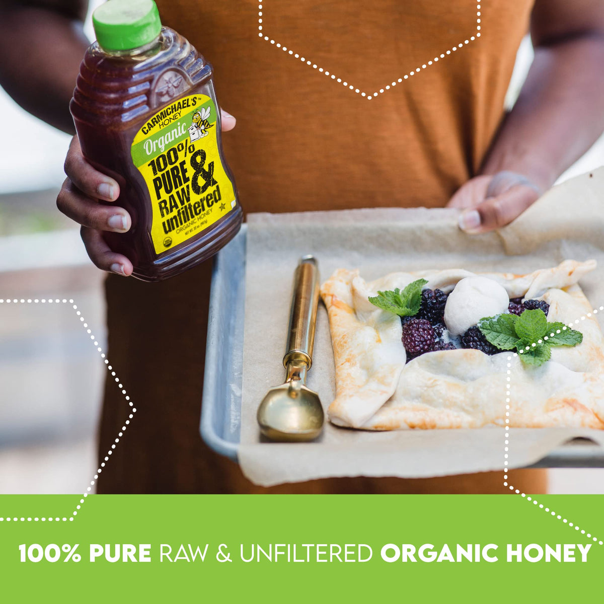 Carmichael's Honey jar closeup reveals unfiltered texture and nectar richness.