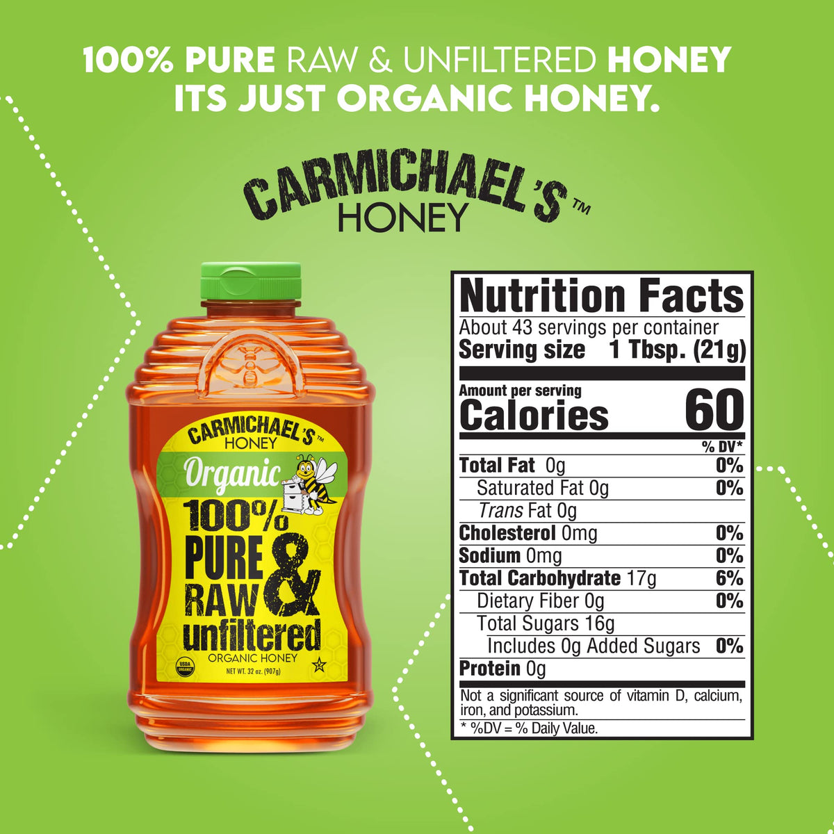 Carmichael's Honey label highlights USDA Organic certification and purity.