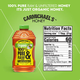 Carmichael's Honey label highlights USDA Organic certification and purity.