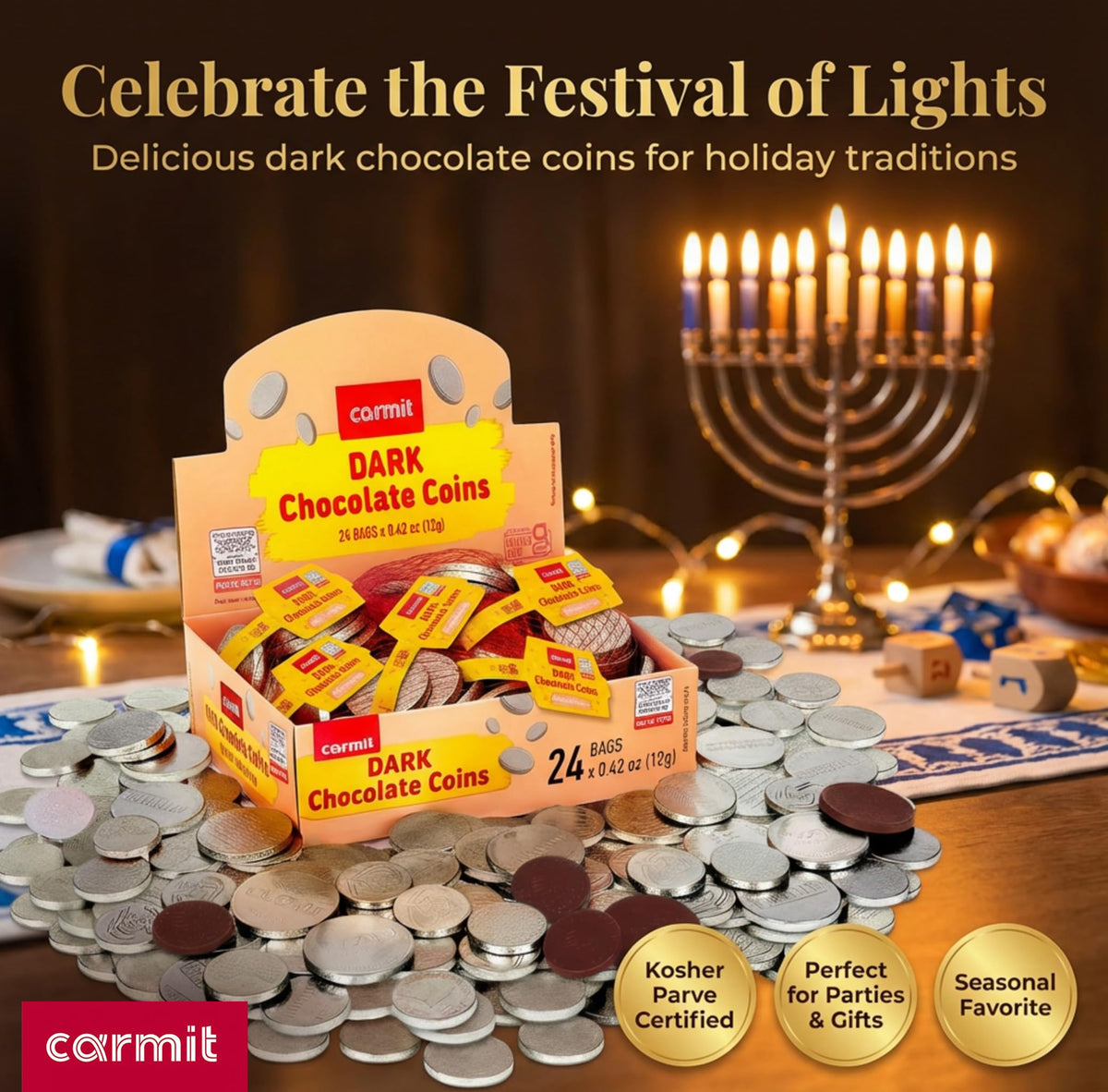 Carmit dark chocolate coins unwrapped to reveal smooth, rich chocolate.