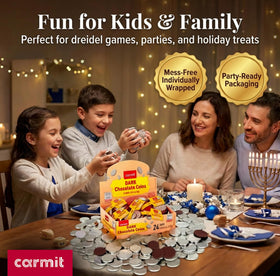 Carmit coins in a dreidel game setting for festive fun.