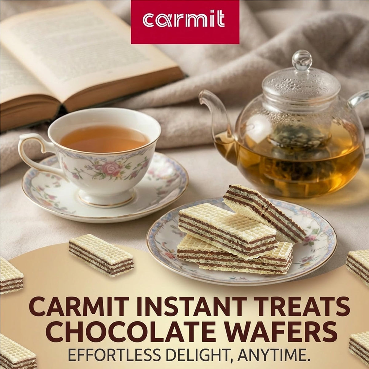 Carmit wafers with creamy chocolate center, ideal as a dessert topping or snack.