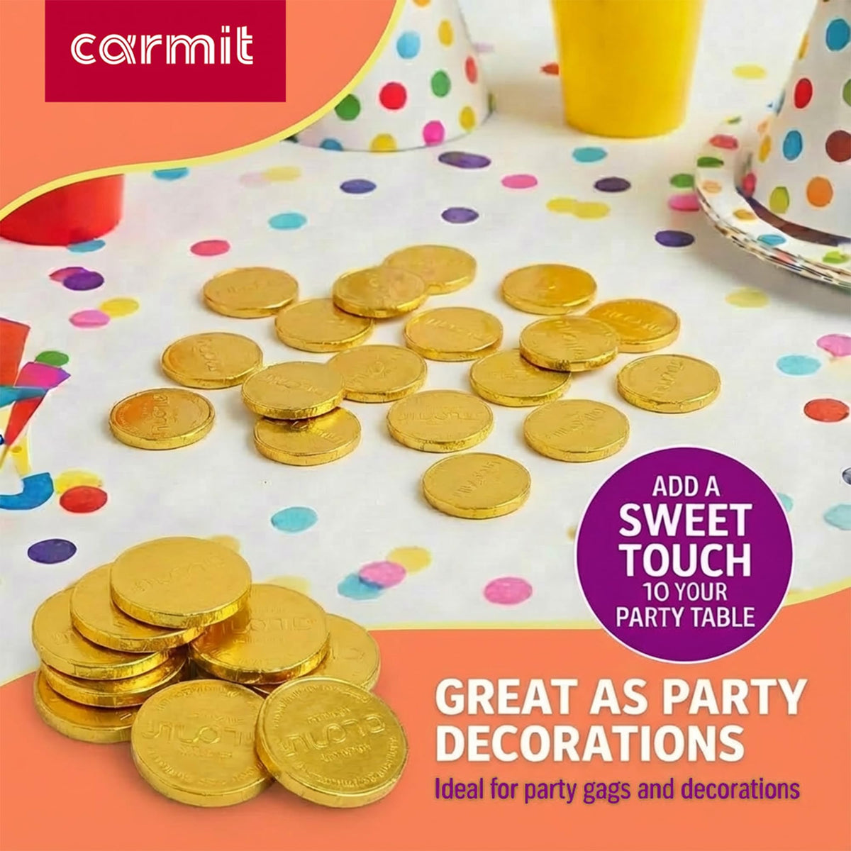 Carmit Gold coins set up for a dreidel game or prize.