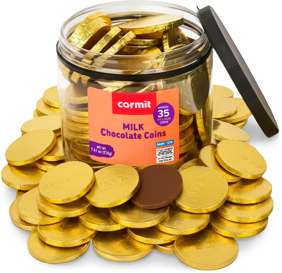 Carmit Gold Milk Chocolate Coins tub opened, ready for gifting and sharing.